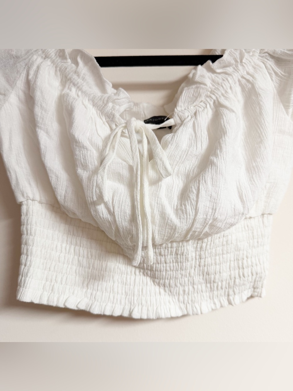 MAJORELLE White Smocked Peasant Crop Top with Tie Size XS - Picture 3 of 6